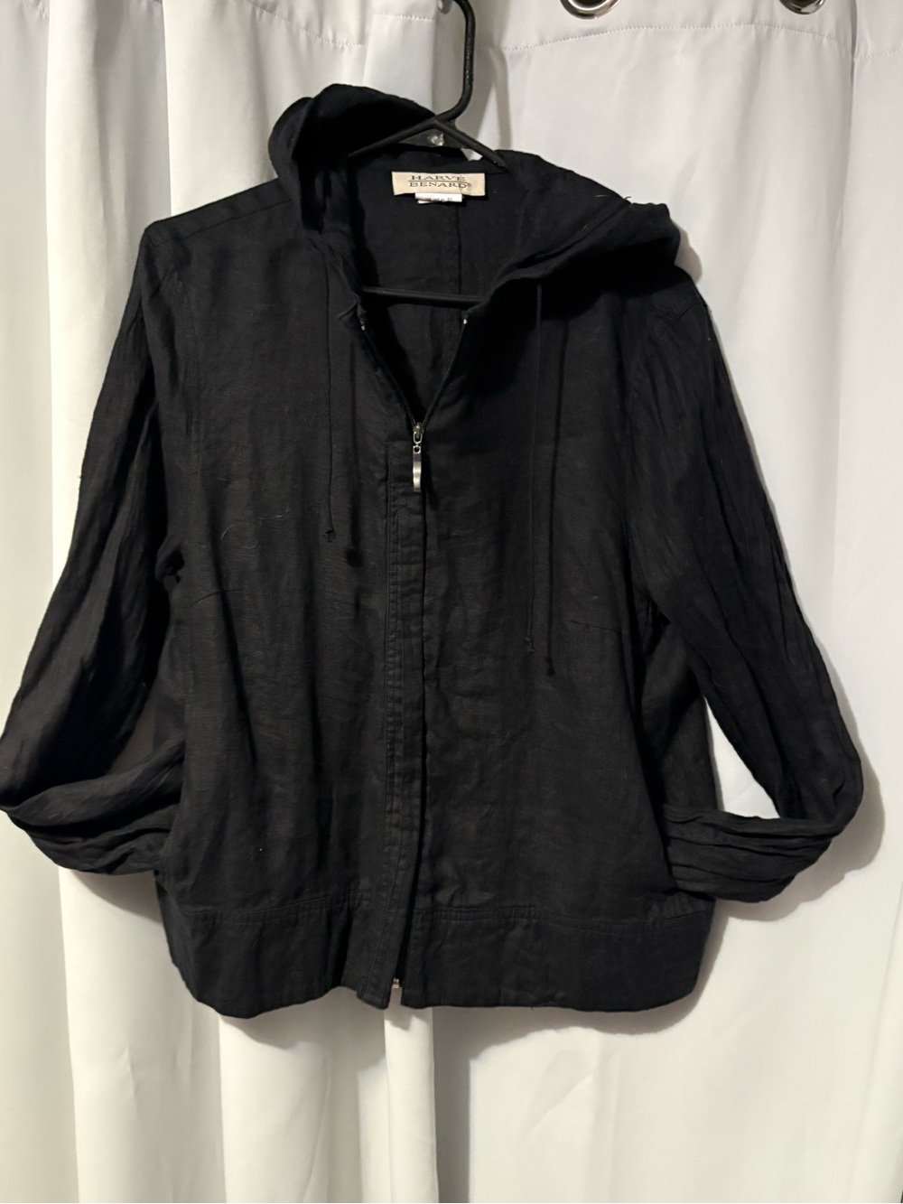 Harve Benard Black Hooded Zip Utility Jacket 100% Linen
